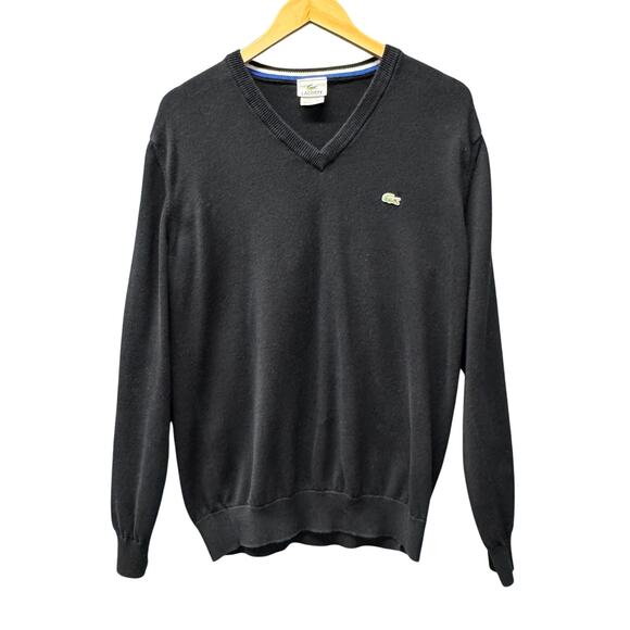 Lacoste Sweater Mens Large (5) Black V-Neck Pullover Cotton Knit Long Sleeve - Picture 1 of 7